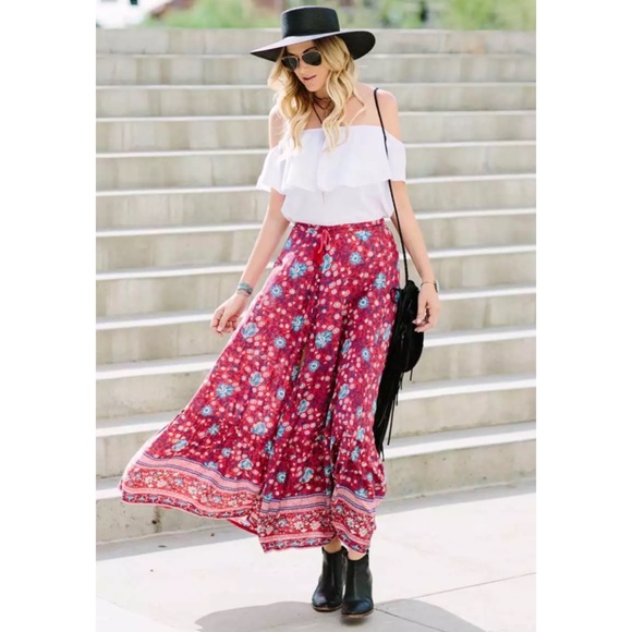 SOLD OUT Red Floral Gypsy Boho Button Up Maxi Skirt - Picture 10 of 14